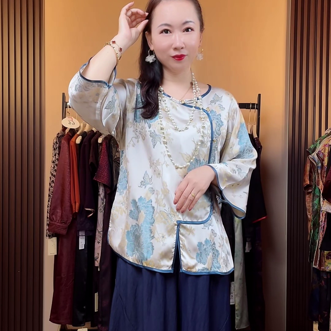 【小皮原创】牡丹新中式如歌年代国风秋款七分袖小衫宽松复古上衣