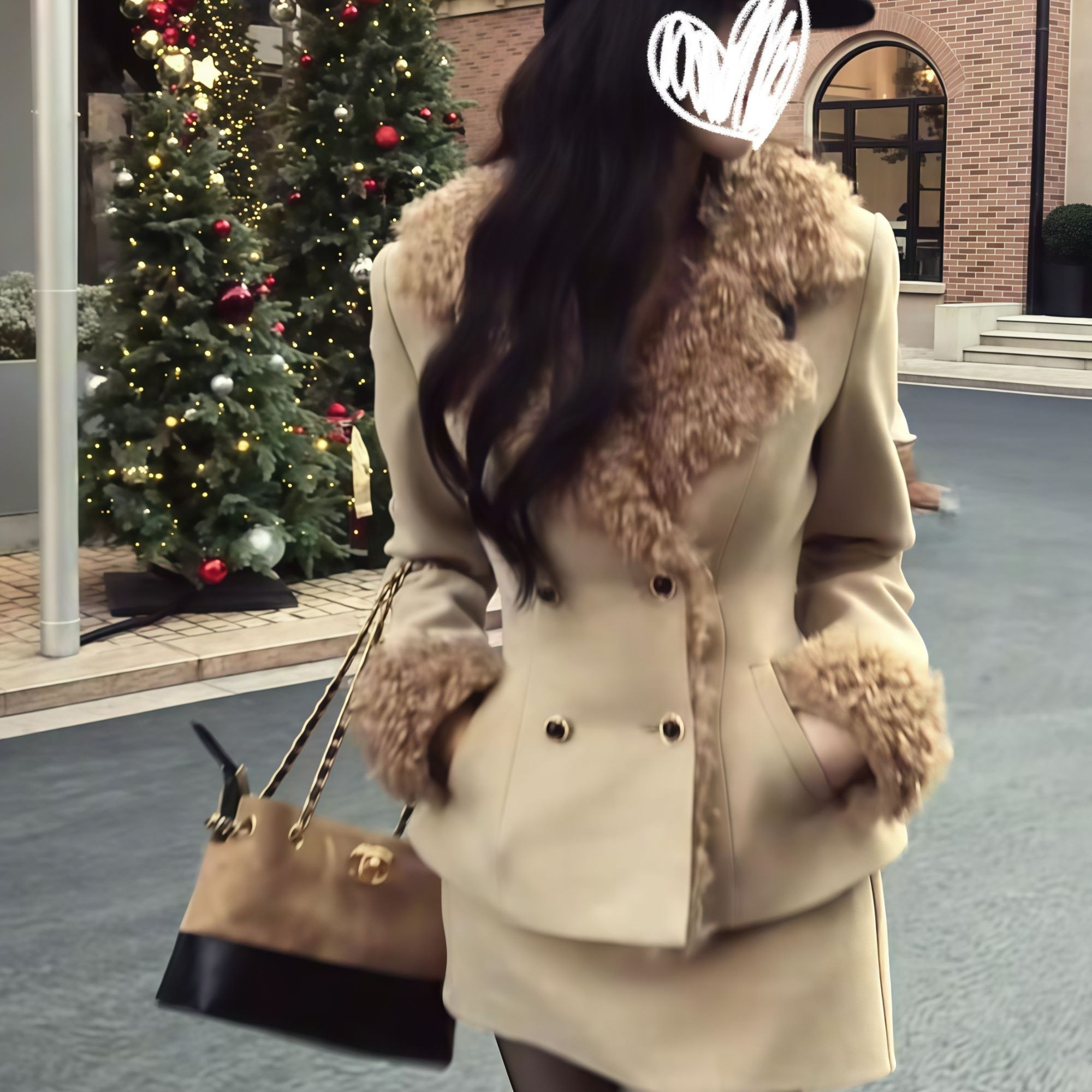 古早感英伦风V领毛绒绒短款厚外套上衣女2025冬季新款包臀短裙子