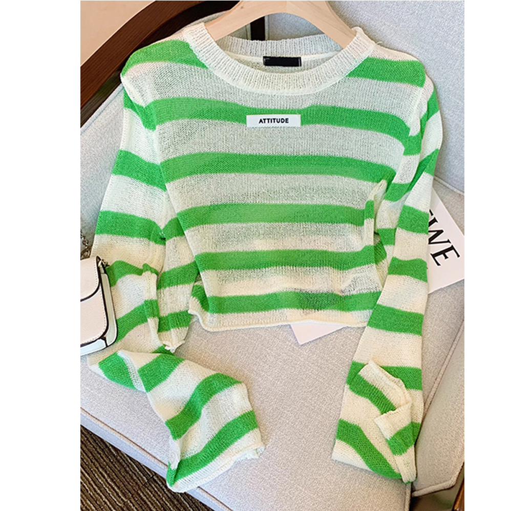 绿色条纹设计感长袖t恤针织上衣女薄款短款空调罩衫防晒小衫