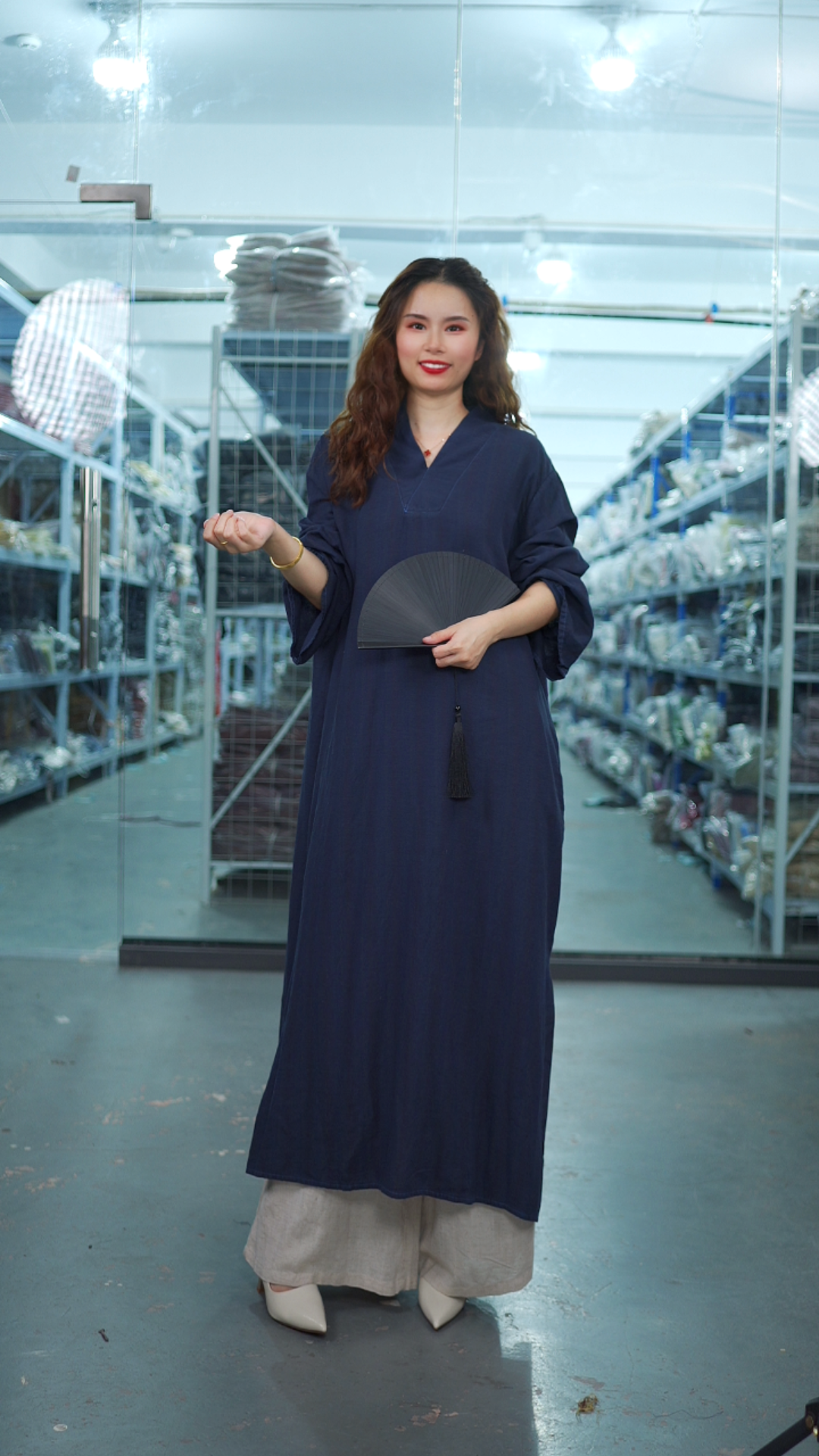 花璟与麻原创设计款色织V领连衣袍裙（裙长118胸围132）