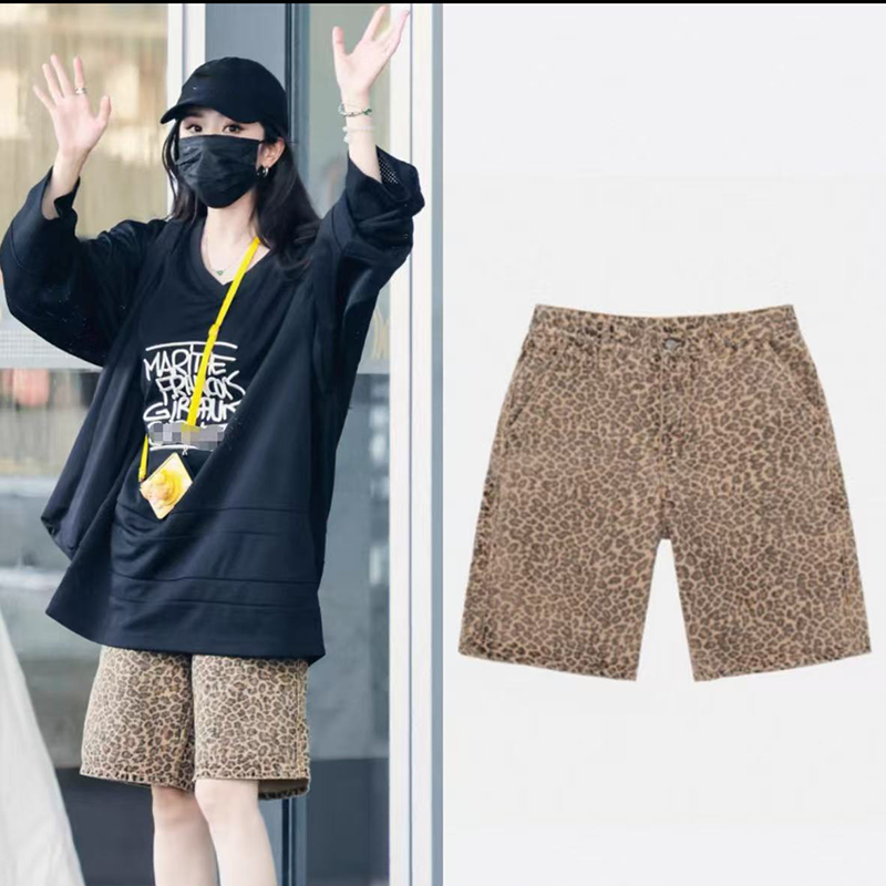 幂姐同款短裤美式复古豹纹牛仔五分裤女慵懒风高腰显瘦直筒宽松