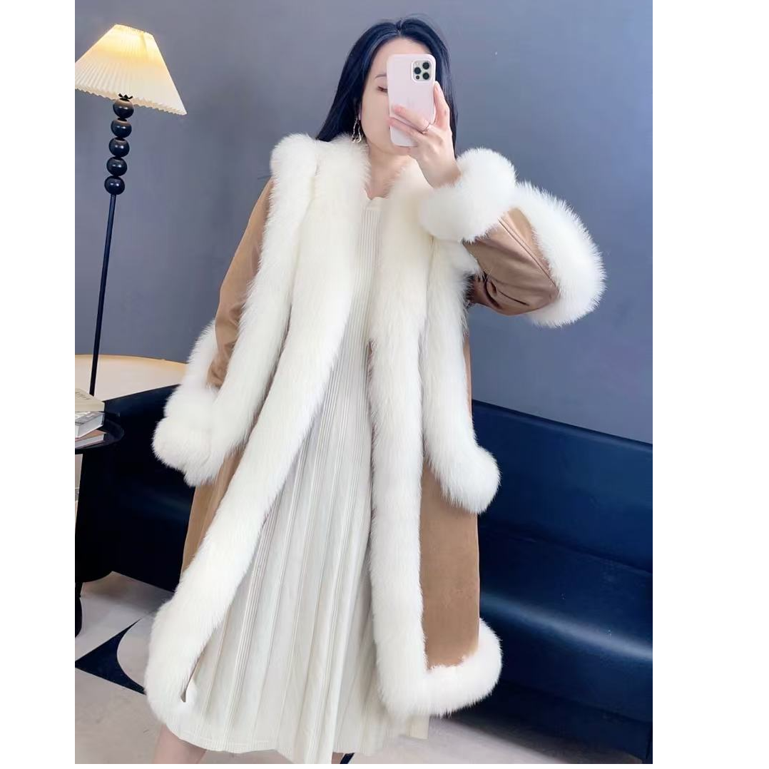 笑燃儿”白玉兰狐狸毛领冬款长款皮白鹅绒外套时尚气质年轻女款