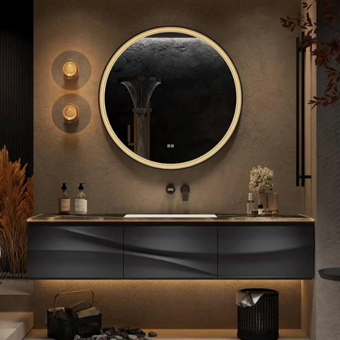 福艺斯法式轻奢线条感烤漆浴室柜组合奢石洗脸盆洗手台高端定制款