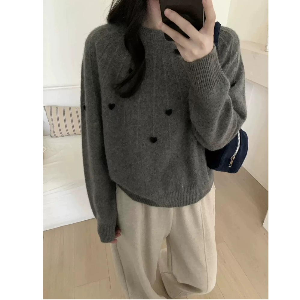 小爱心毛衣女加厚圆领套头内搭针织上衣