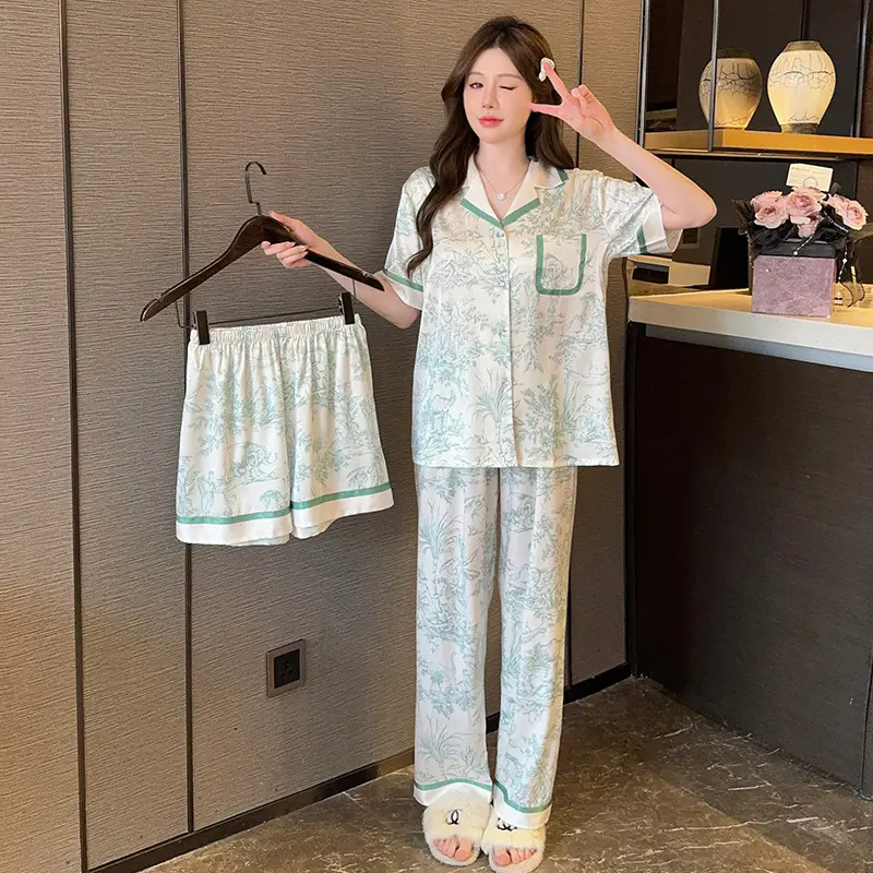 2025年冰丝薄款睡衣女士三件套夏季短袖高档套装春秋高级感家居服