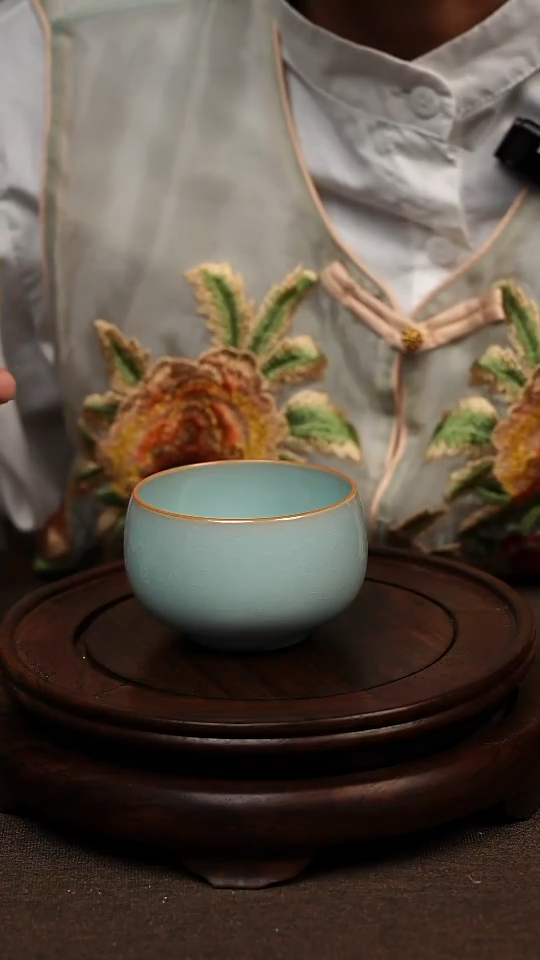 瓷片天青色全手描金禅定杯150ml微瑕不带礼盒