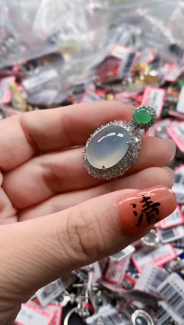 银S925镶嵌戒指翡翠天然A货缅甸翡翠