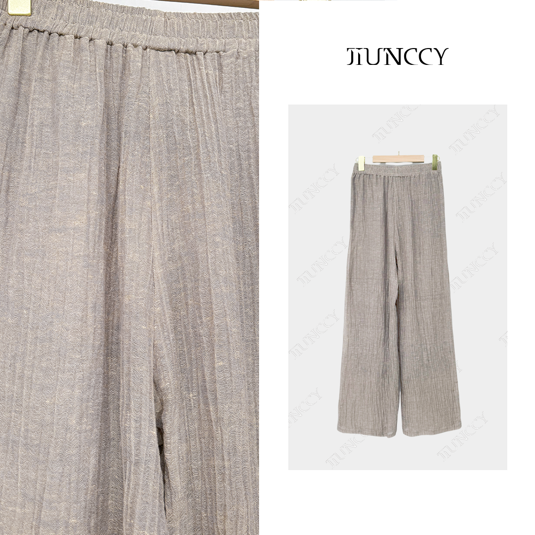 JIUNCCY【怀柔】高定超柔色织亚麻棉压缩褶皱松紧腰休闲裤 52YCK040