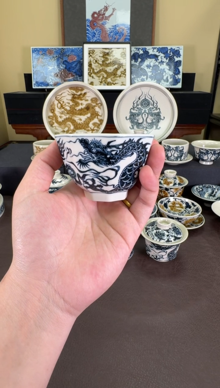 【闪购商品】瓷片二号釉1351龙纹八方杯