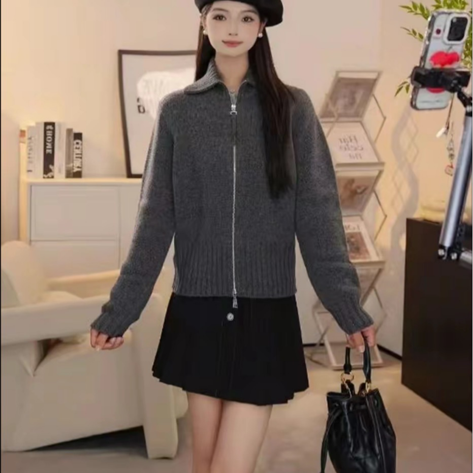 哥弟秋冬新款时尚百搭纯色长袖翻领毛针织衫开衫女148040