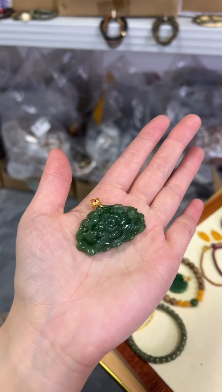 【闪购商品】和田玉颈饰银S925镶嵌和田碧玉牡丹花银吊坠[325]