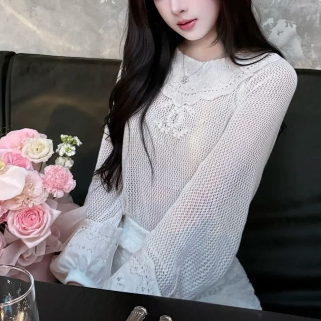 99新 Chanel/香奈儿 40码25P白色镂空荷叶边长袖打底衫上衣