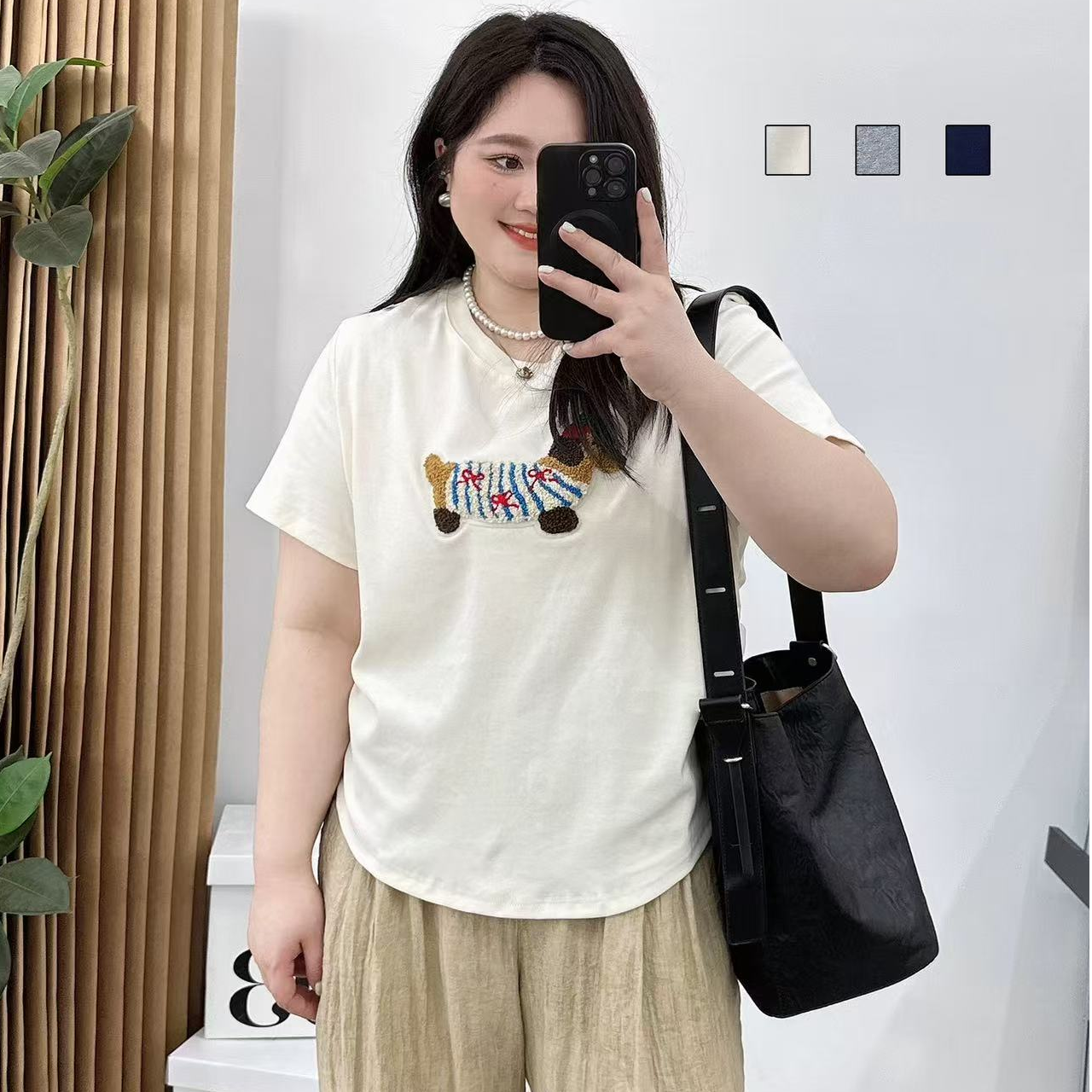 大码立体刺绣腊肠小狗夏季胖mm百搭美式复古宽松显瘦打底衫T恤女