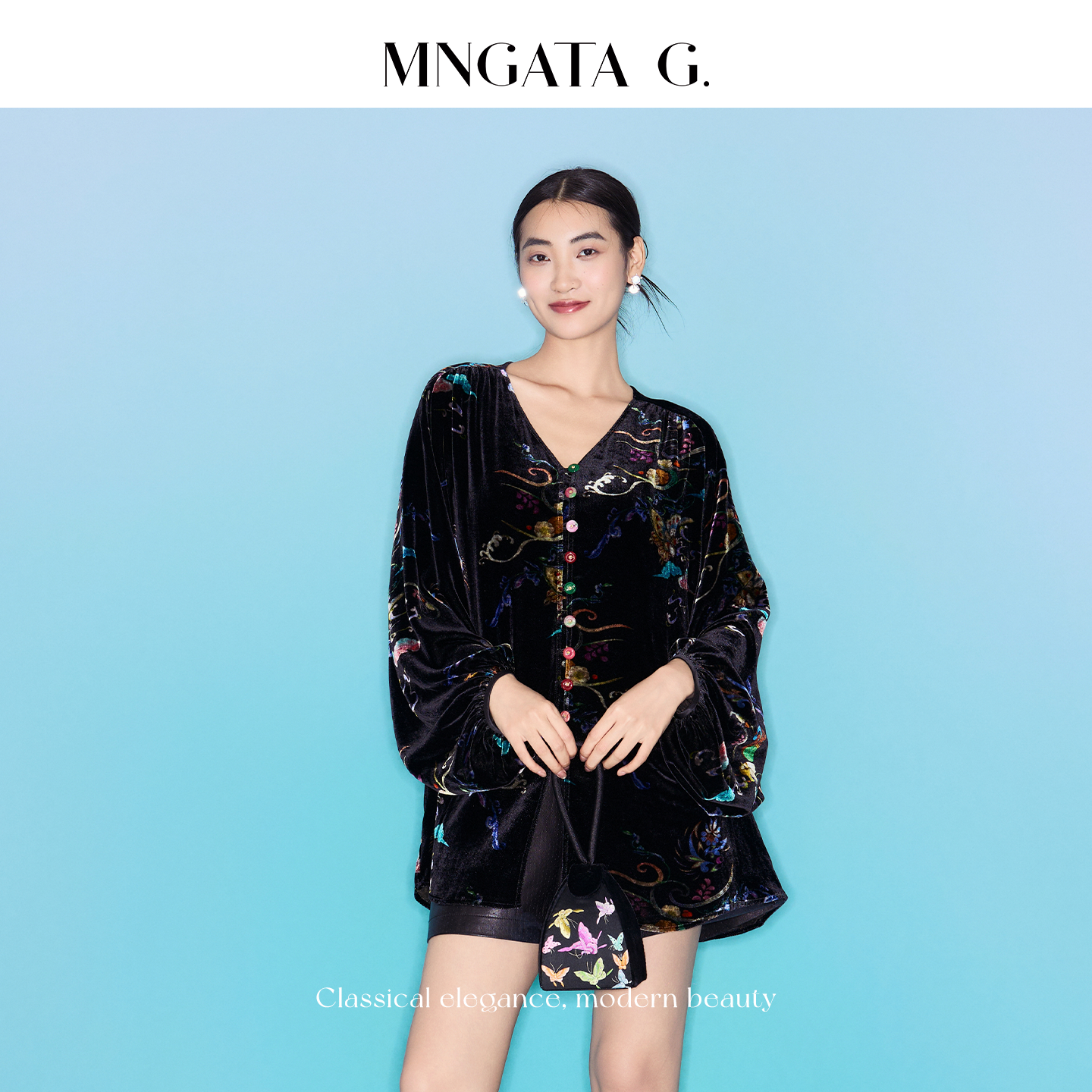 MNGATA G.宫小妍【真丝·三彩序】丝绒高密新中式国风外套5121703