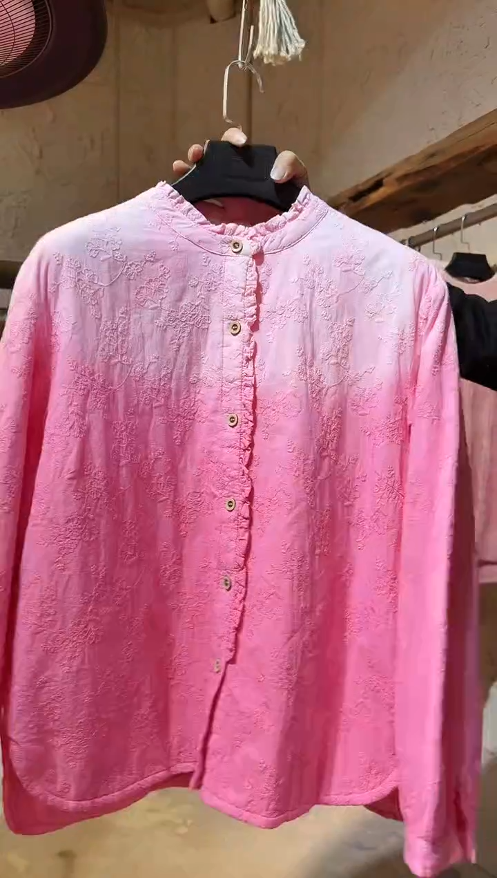 粉染植物染木耳边衬衣