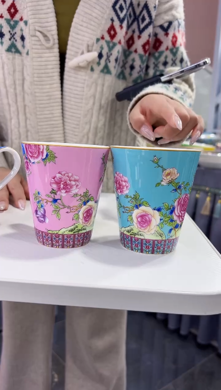 珐琅  牡丹花卉水杯2只装景德镇  