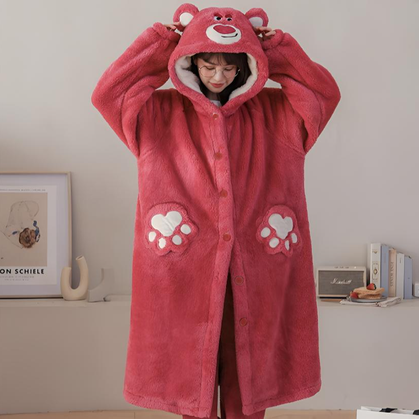 加绒加厚冬季保暖草莓熊珊瑚绒睡衣女秋冬睡袍长款浴袍家居服好看