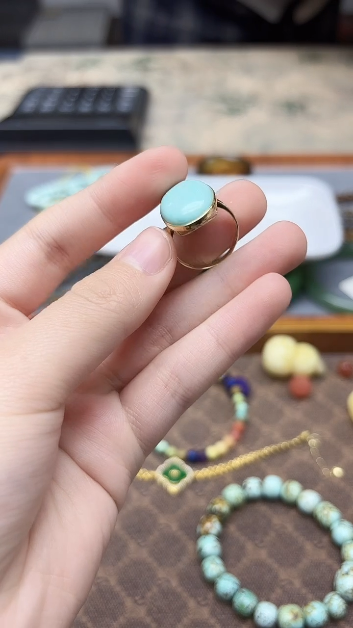 18K金镶嵌绿松石戒指18K金松石戒指GW