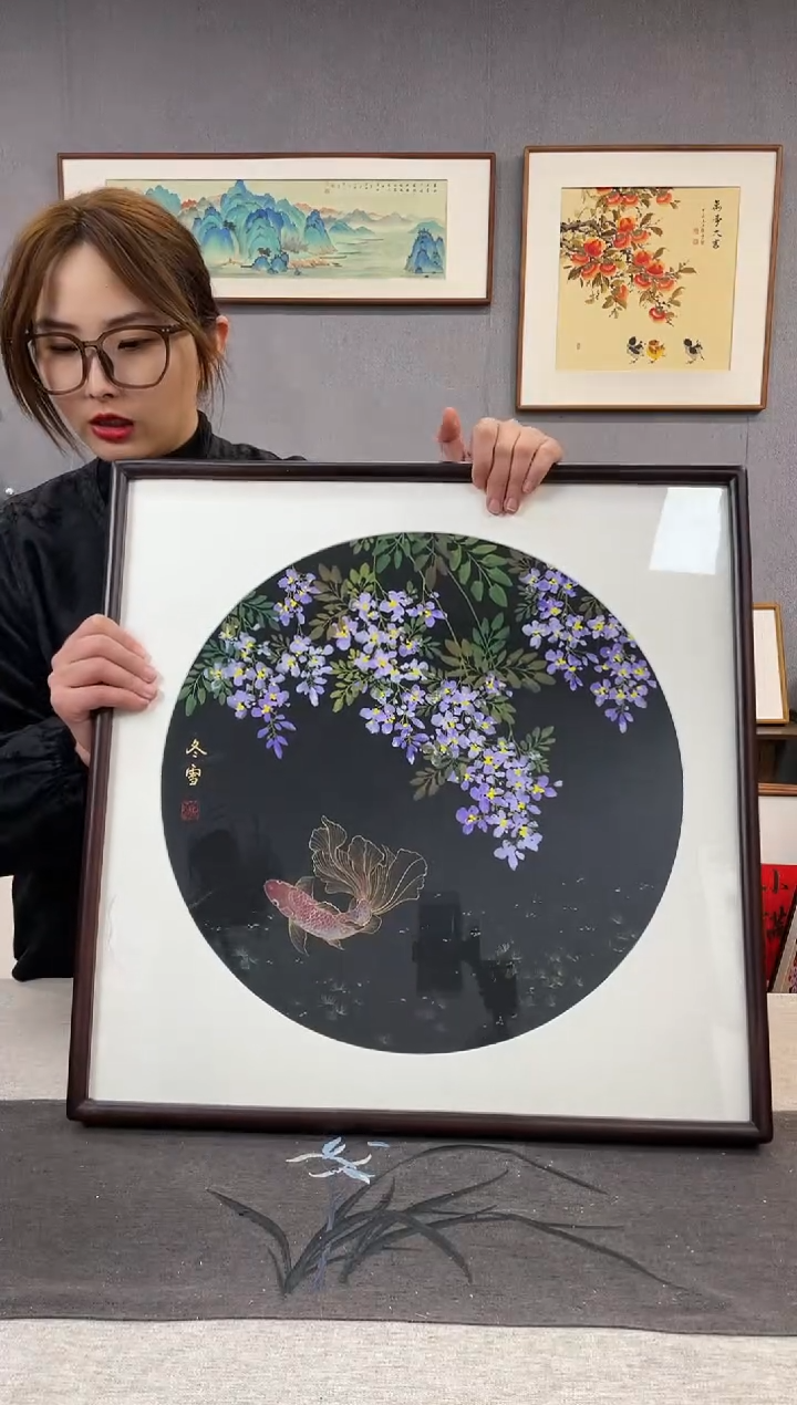 【闪购商品】国画闫冬雪-手绘带框作品-52*52-紫藤