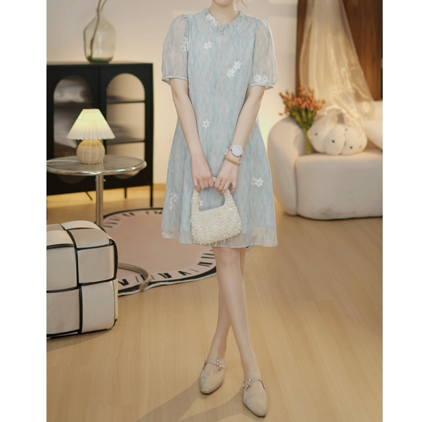 【2025C006A】水波纹精致刺绣小花夏季薄款中长裙宽松显瘦连衣裙