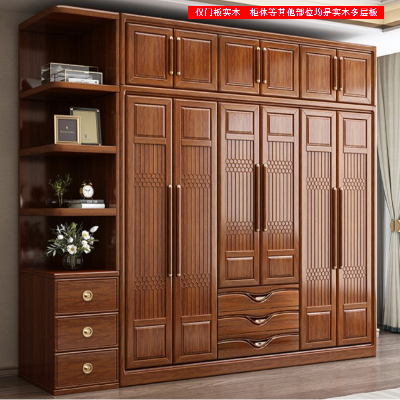 胡桃木板木衣柜家用主卧现代简约四五六门木质雕花新中式储物衣柜