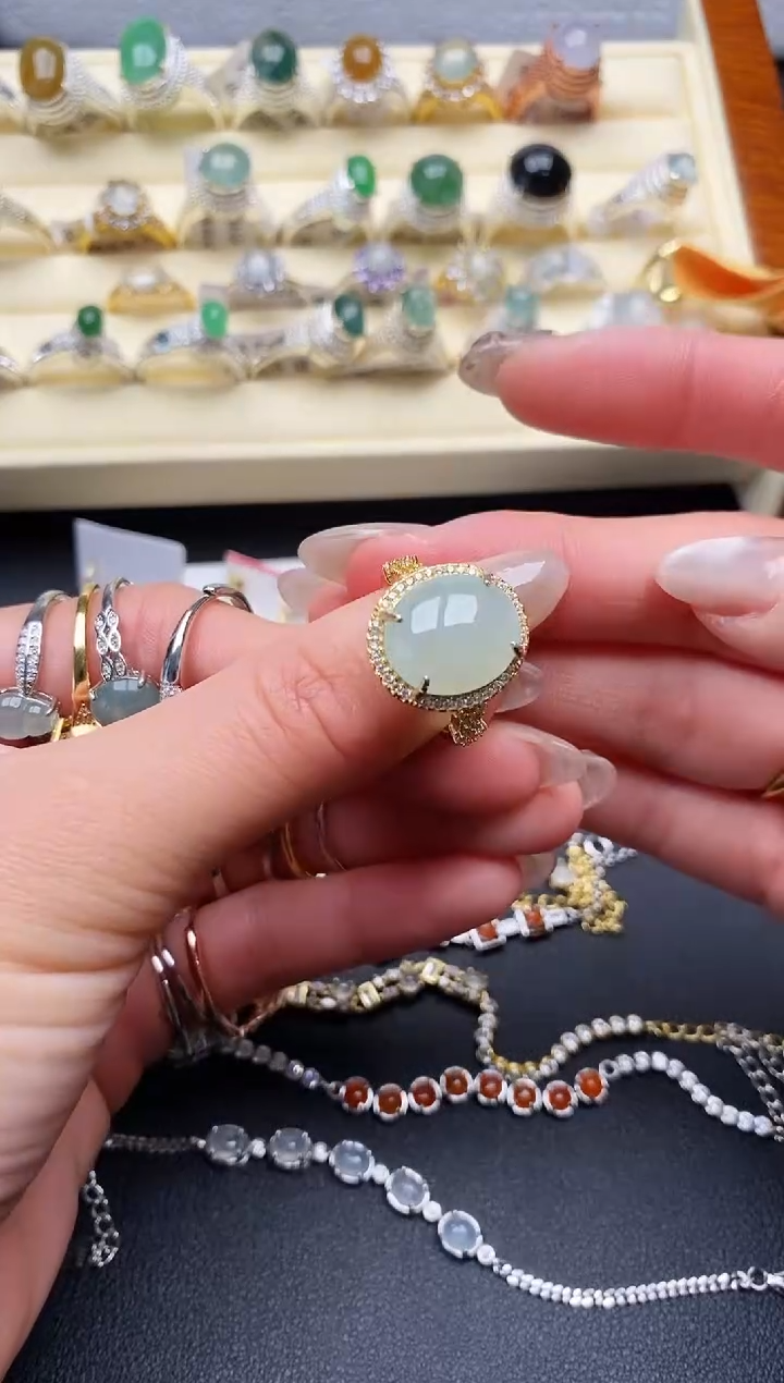 【闪购商品】翡翠戒指银S925镶嵌缅甸天然A货翡翠222  6-2