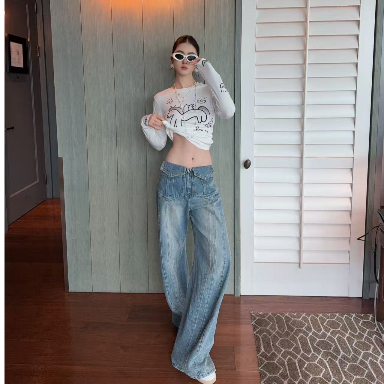 DIER【牛仔女神】腰兜拉链竖线阔腿牛仔裤NZK15066