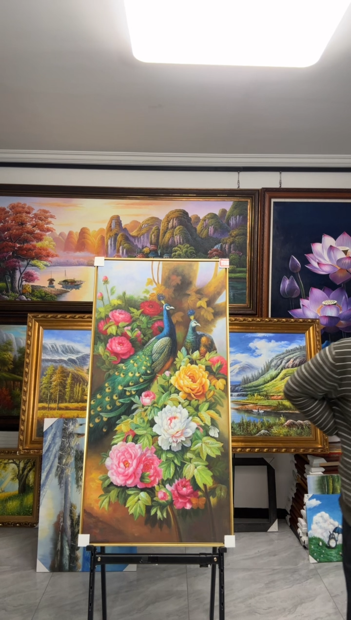 【闪购商品】油画纯手绘油画牡丹孔雀