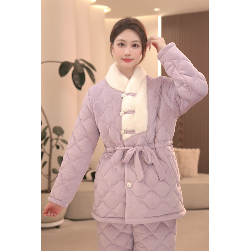 DM【加厚三层夹棉雾紫套装】高定设计款冬款加厚家居服套装女士