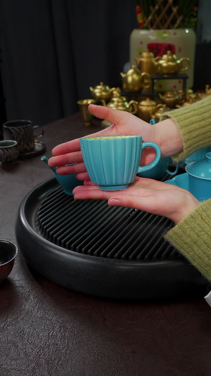 【闪购商品】杯【宜景窑松石蓝】筋纹撞色马克杯
