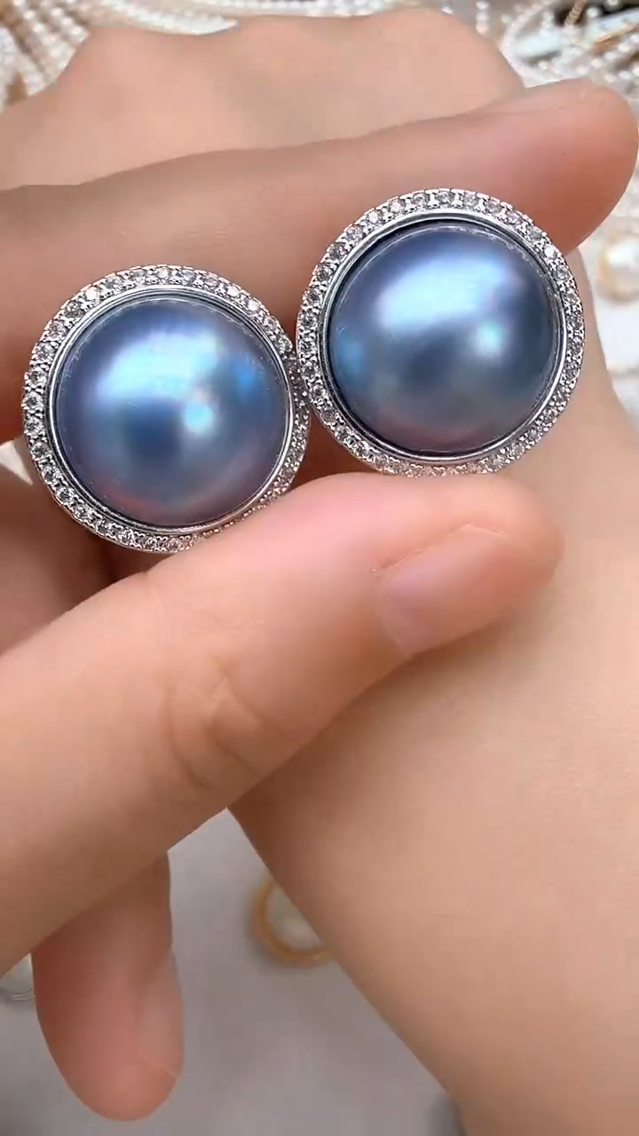 耳饰合金拼合珍珠（马贝珠）太阳花蓝色