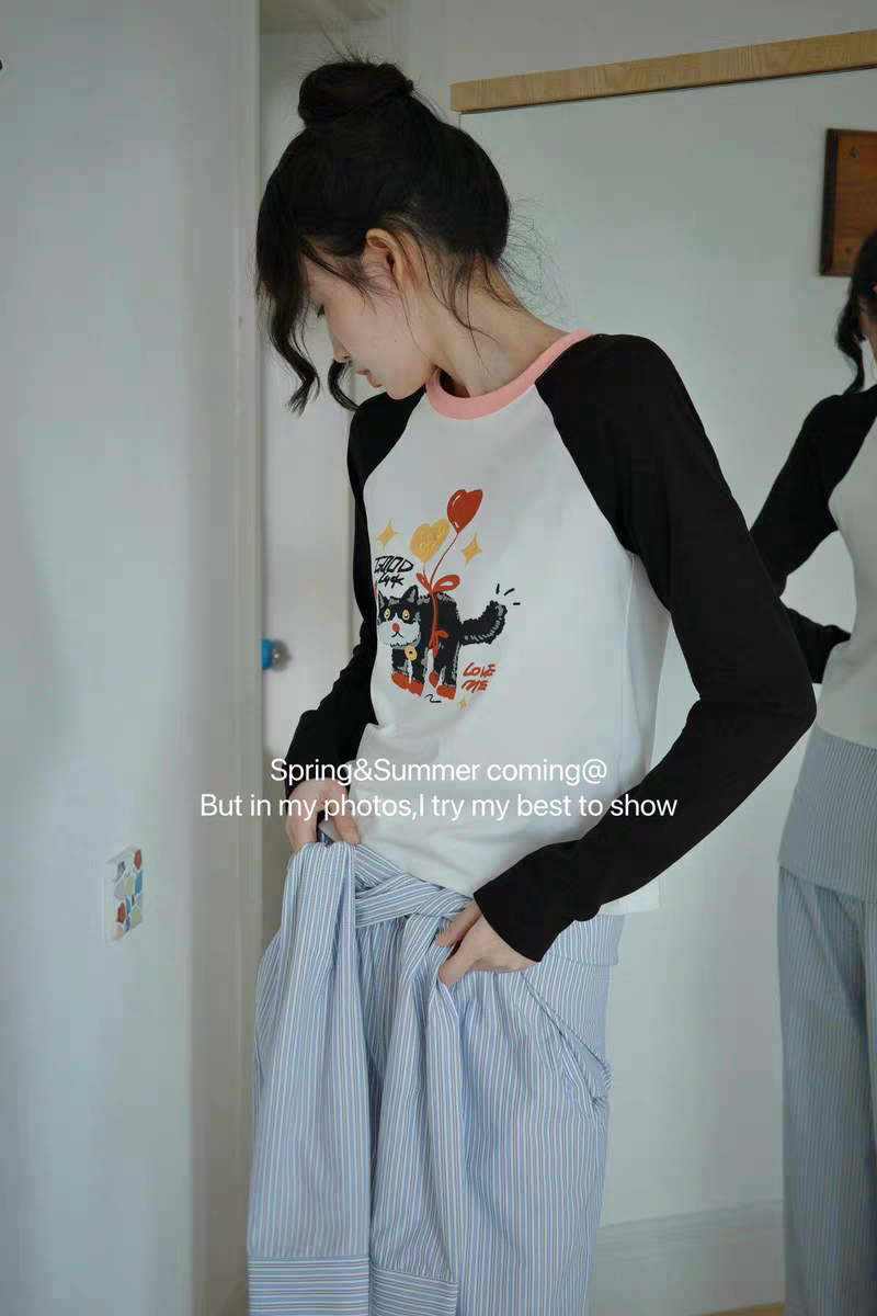 【F-fang】kimss卡通猫咪印花插肩袖上衣