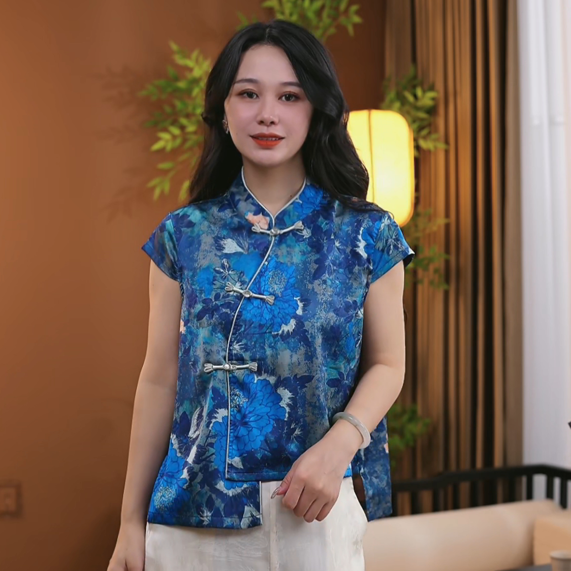 夏季新中式桑蚕丝盘扣短袖时尚提花中国风百搭上衣女S201