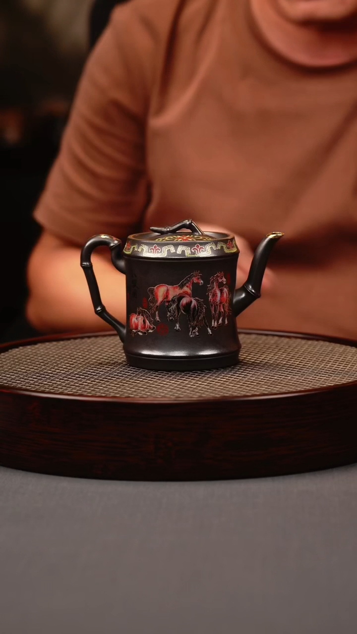 茶壶紫砂石黄 竹节 八骏珐琅彩