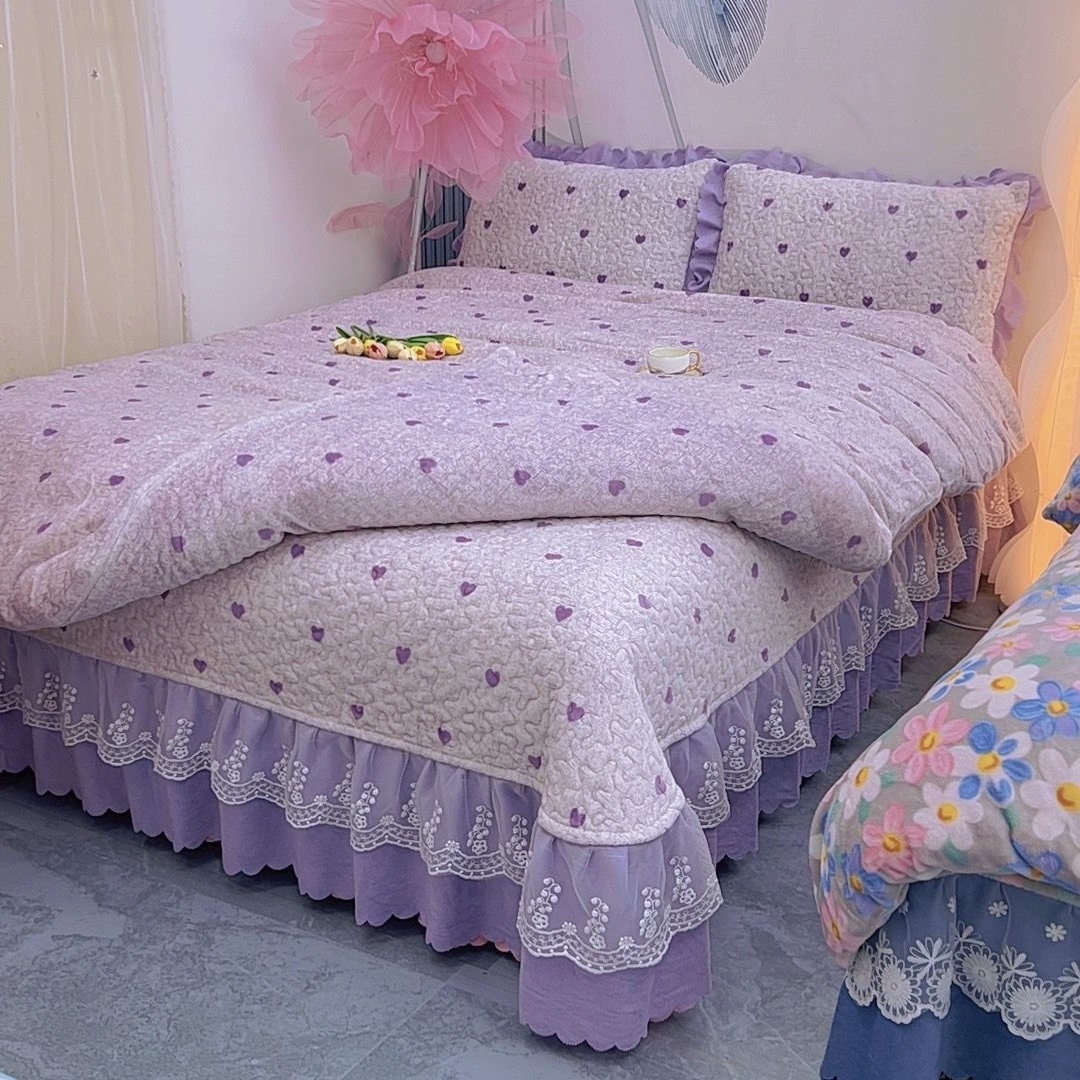 【单品夹棉牛奶绒床盖】加厚防滑荷叶边床垫子床盖款