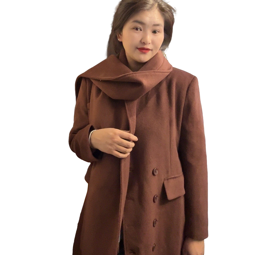 女士女生轻柔长款双面毛呢大衣双排扣围巾两件套慵懒风外套裤子