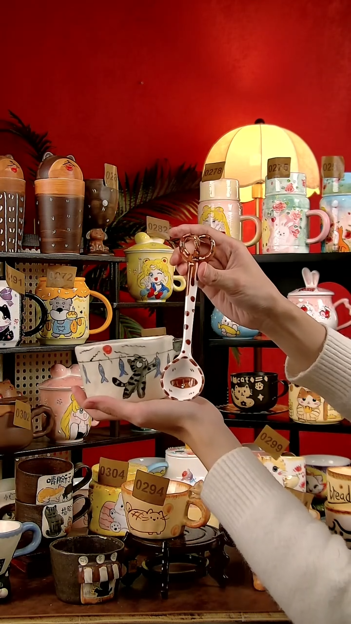 其他瓷这****味小猫挂鱼咖啡杯+碱水结勺子