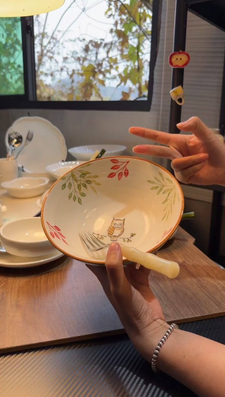 瓷猫头鹰面条碗不带勺叉