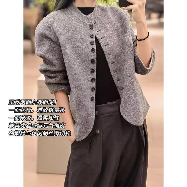 反转巴黎外套 双面呢两面穿~羊毛兔毛撞色圆领短大衣