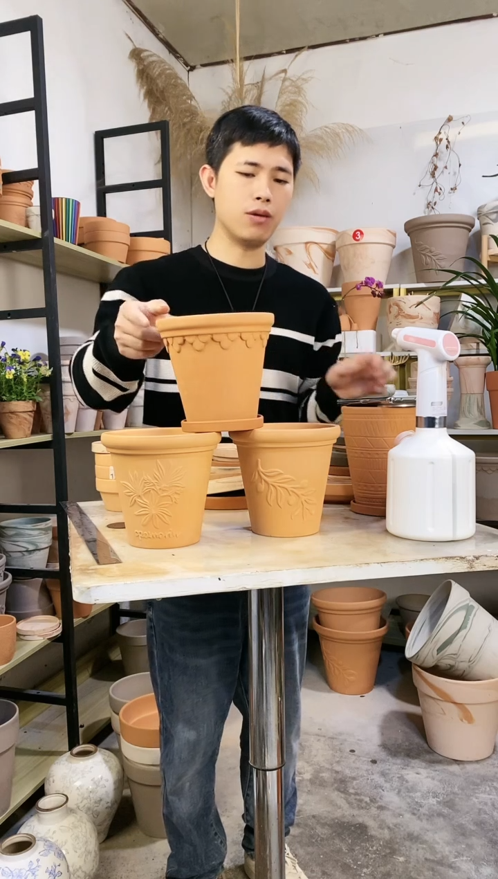 【闪购商品】红陶16*15红陶浮雕3图案 3盆3托