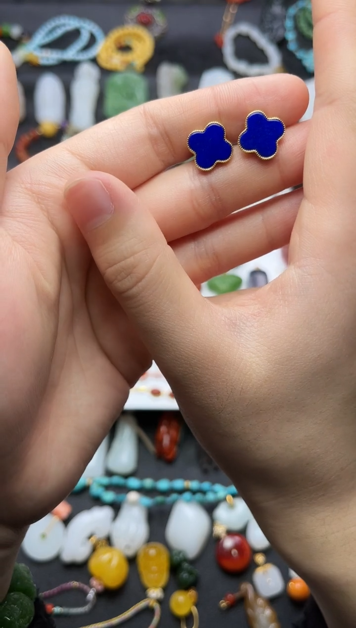 银S925镶嵌青金石耳饰四叶草耳钉06