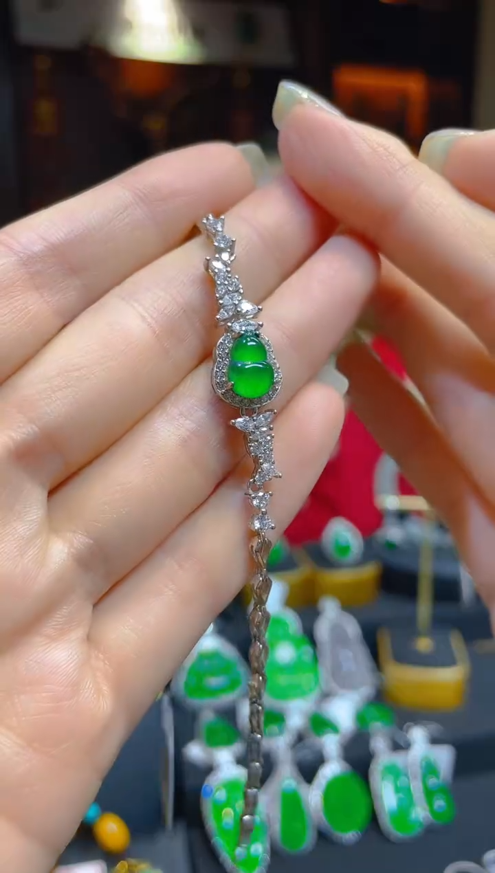 银S925镶嵌手链翡翠天然A货翡翠/36428