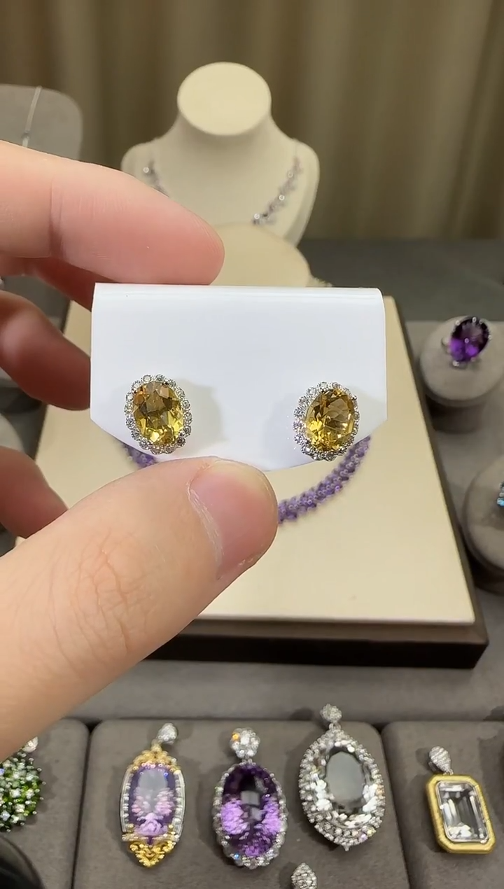 银S925镶嵌耳饰黄晶9*7mm耳钉简约款