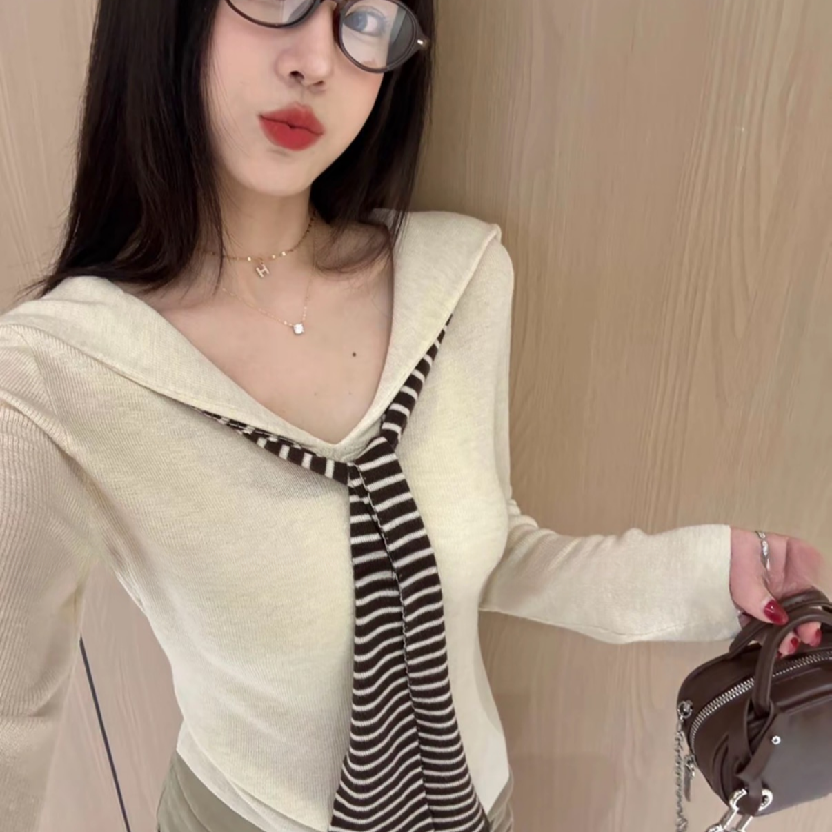 胖MM学院风海军针织衫女秋冬新款条纹披肩假两件上衣