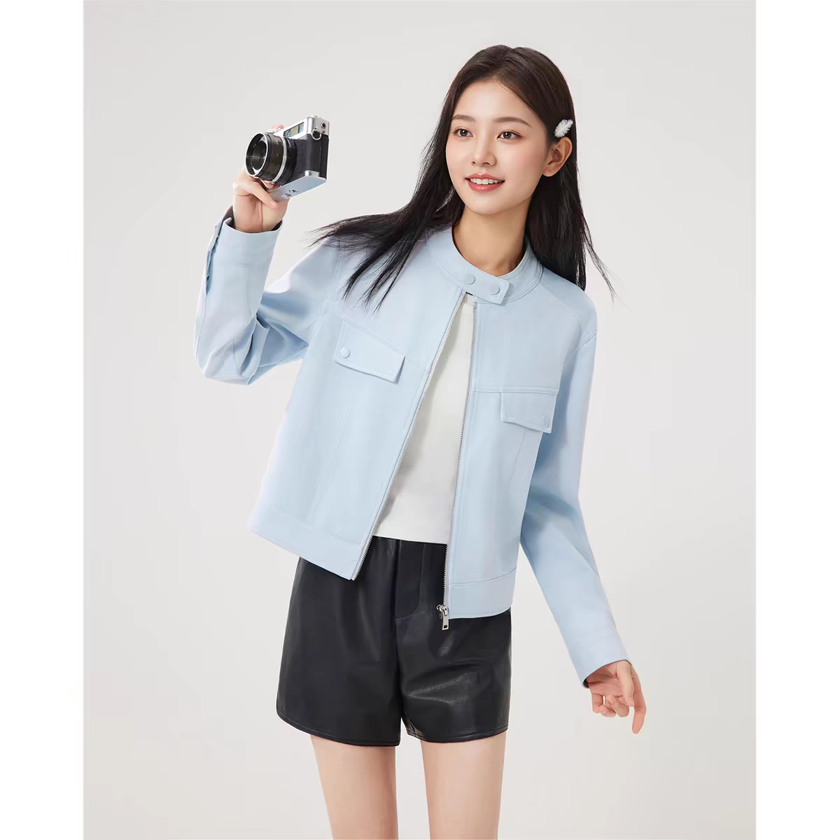 浅浅爱家2025春夏新款短款仿麂皮简约休闲宽松正肩夹克磨砂皮外套