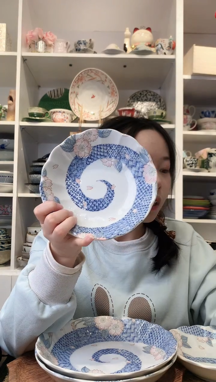 陶瓷美浓烧蓝染樱小深盘17cm