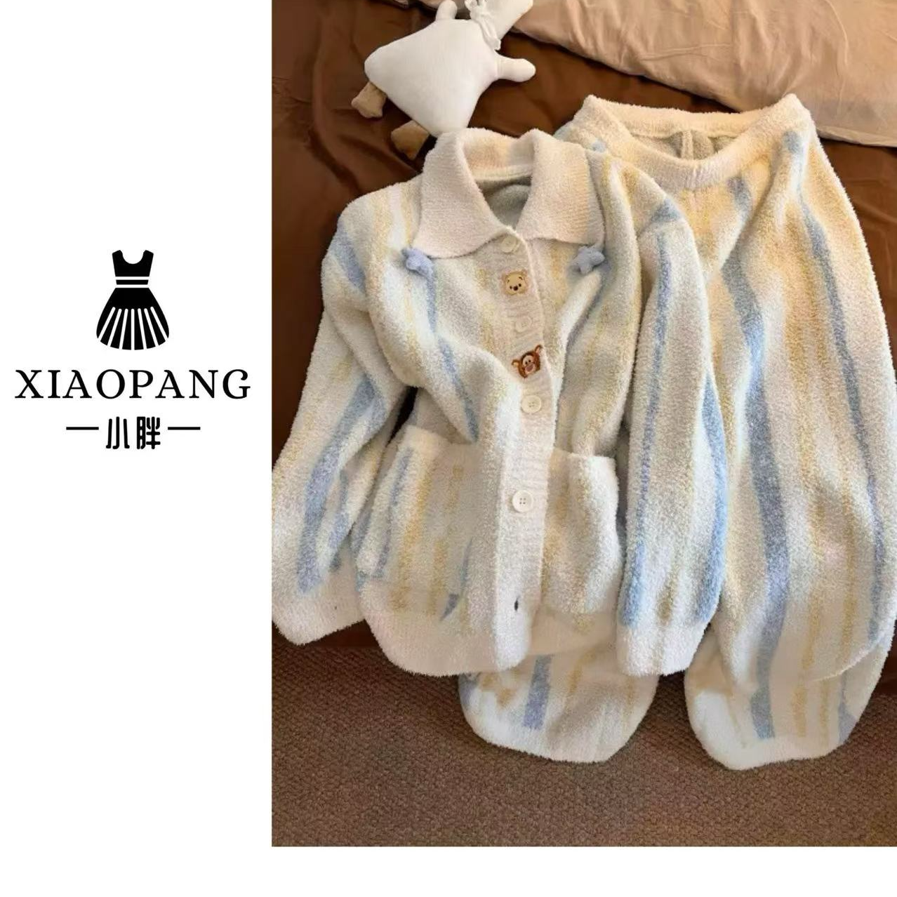 【小胖家】韩系条纹小熊简约睡衣套装