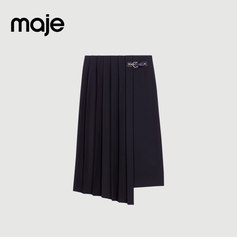 暖系穿搭|Maje新款女装黑色不规则褶皱半身裙长裙MFPJU01355