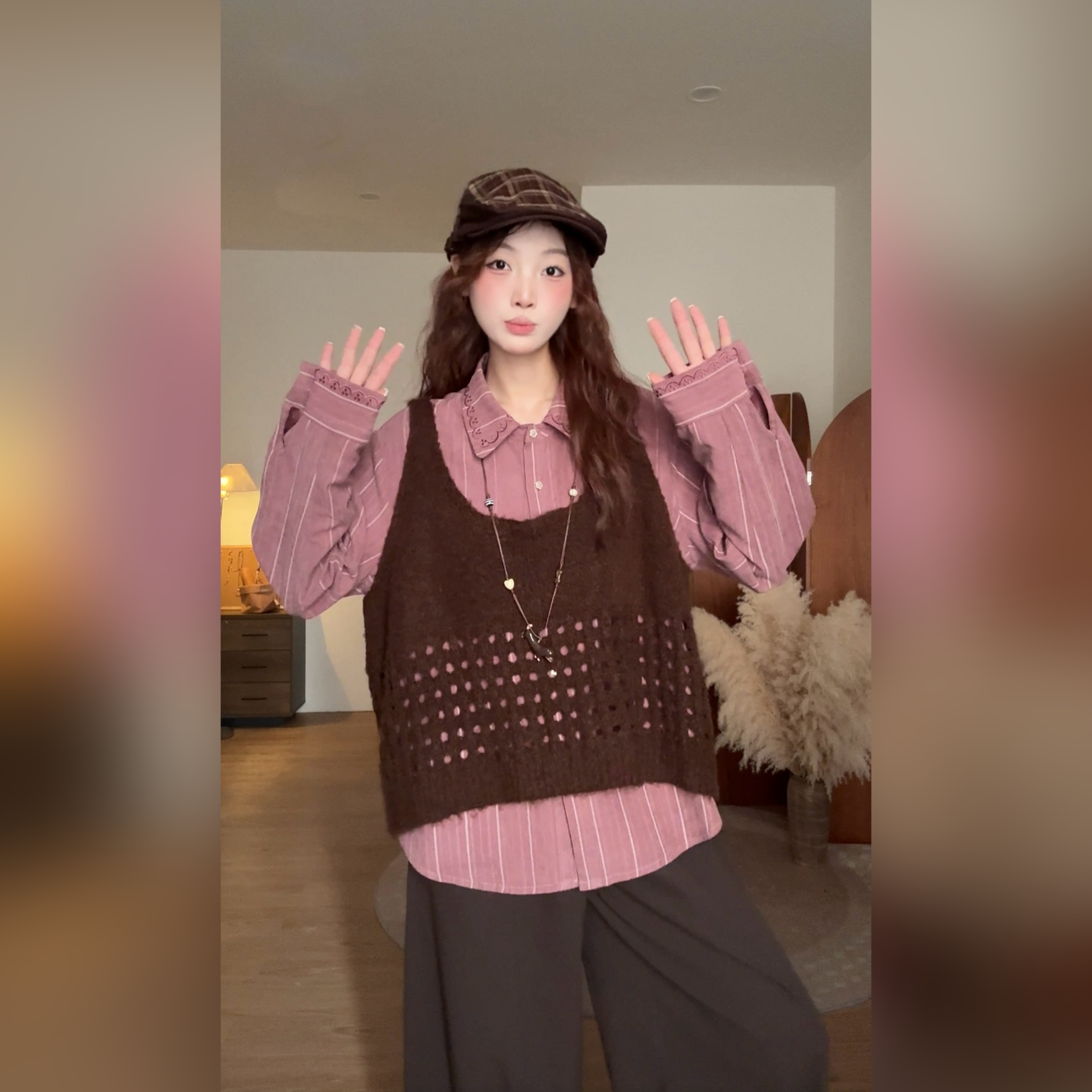 VGVL马甲【华夫格】秋季常规U型领拼接毛衣洋气毛针织衫马甲女50176