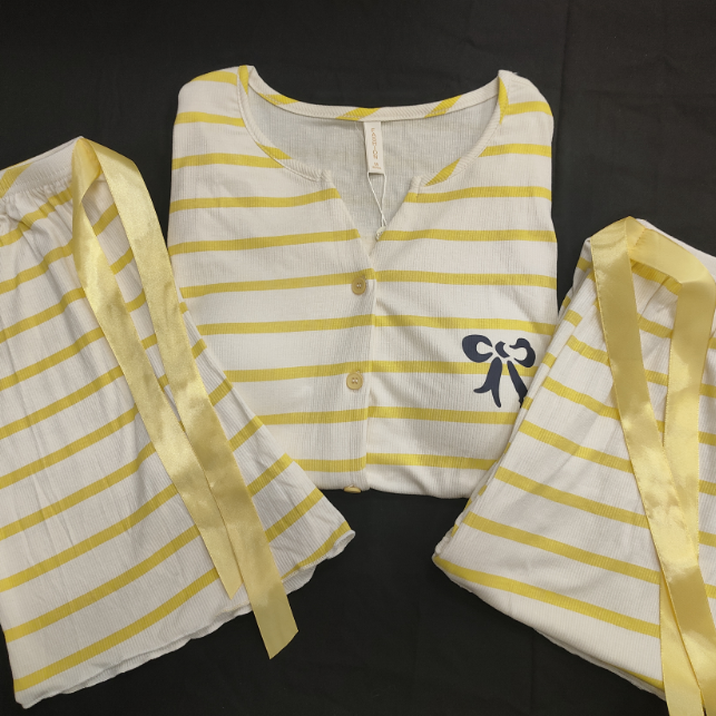 2025年春夏季新款时尚透气高端条纹蝴蝶结家居服三件套睡衣女士潮